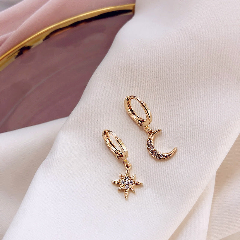 Asymmetric Star & Moon Paved Huggie Earrings, S925 Silver Hoops, Unique Octagram & Crescent Moon Drop Earrings, Gold & Silver Two Tones