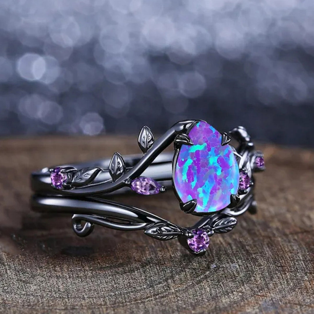 Black‑Plated Teardrop Opal Vine‑Shaped Ring With Purple Diamond