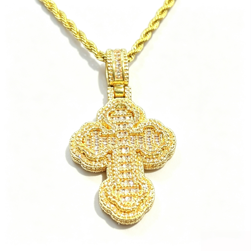 Vintage Floral Border Full Diamond Cross Pendant Necklace, S925 Silver Hip Hop Iced Out Twist Chain Jewelry