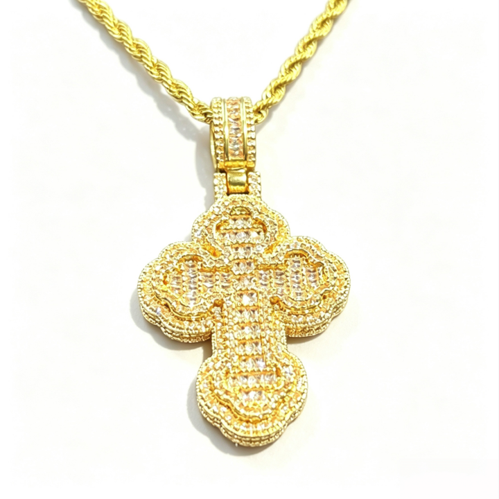 Vintage Floral Border Full Diamond Cross Pendant Necklace, S925 Silver Hip Hop Iced Out Twist Chain Jewelry