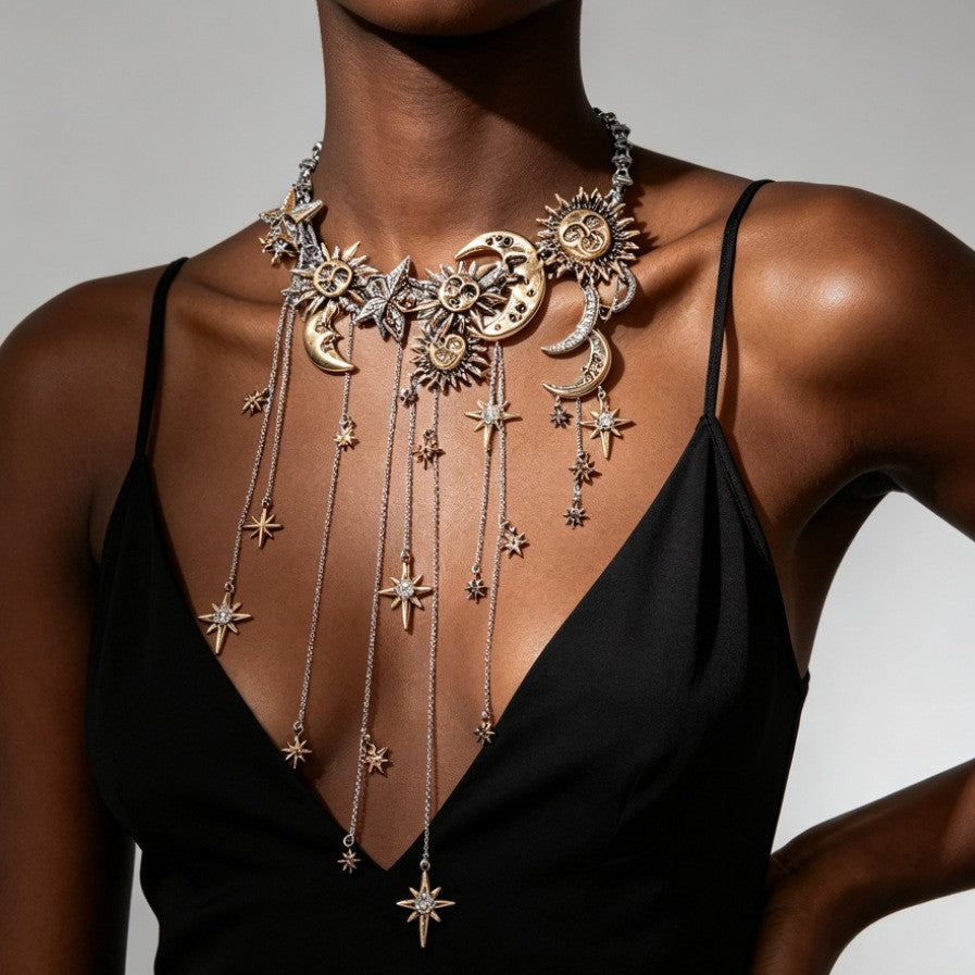 Vintage Sun Moon Star Tassel Choker