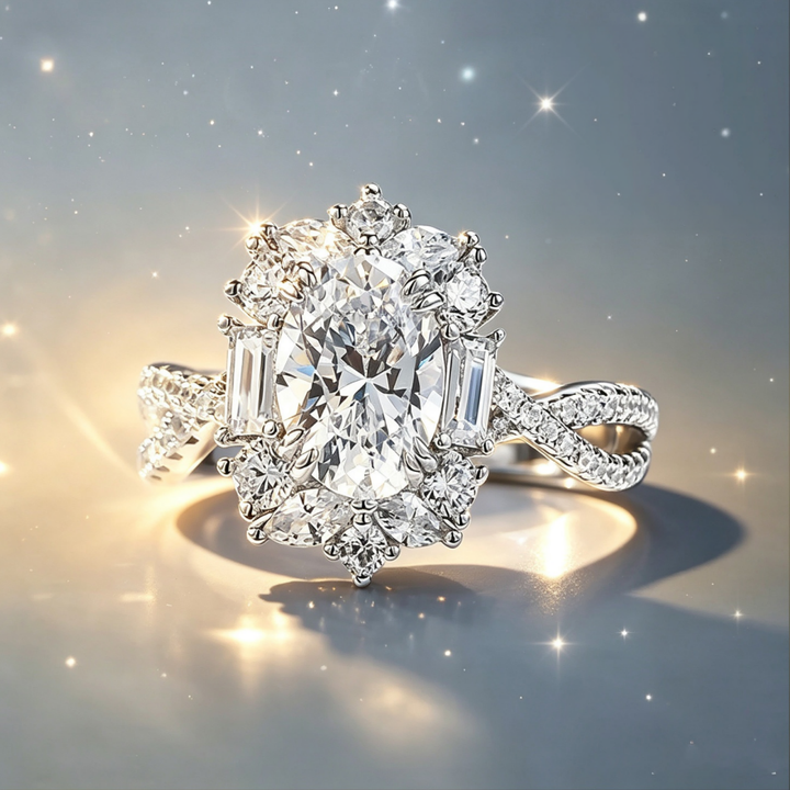 S925 Silver Oval‑Center Floral Halo Diamond Ring, Vintage Twist‑Shank Engagement Ring for Women