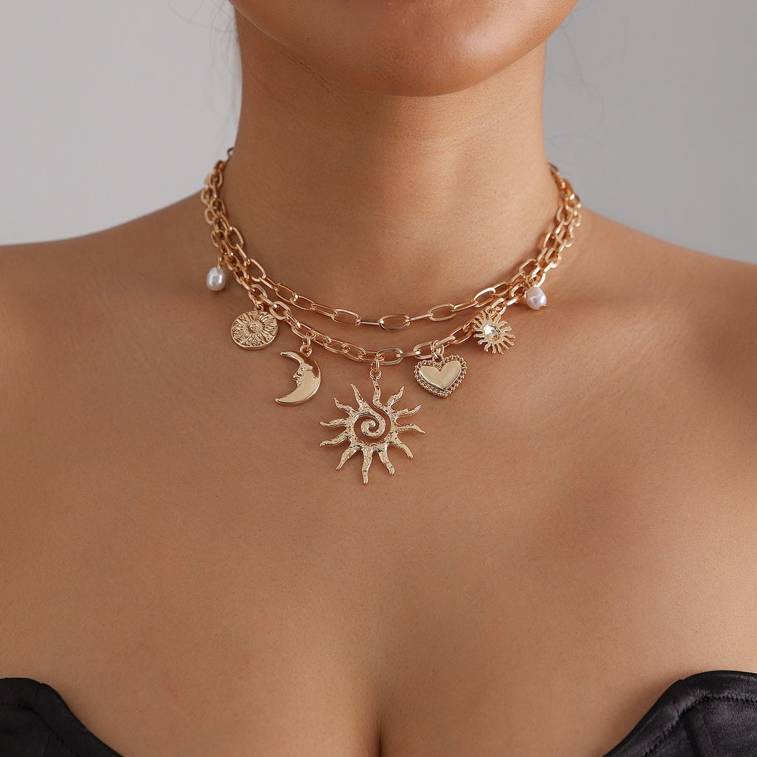 Vintage Sun Moon Star Heart Pearl Double Layer Bracelet, Boho Sun & Moon Charm Gold Bracelet