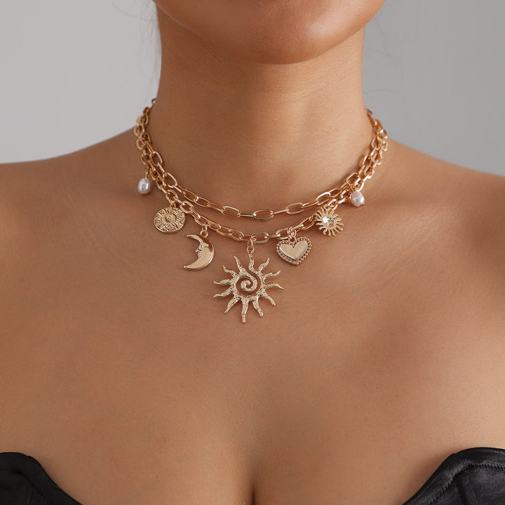Vintage Sun Moon Star Heart Pearl Double Layer Bracelet, Boho Sun & Moon Charm Gold Bracelet