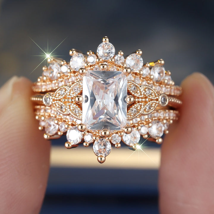 Rose‑Gold Square‑Cut Stackable Engagement Ring Set
