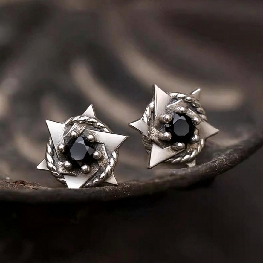 Vintage Antiqued Hexagram S925 Silver Stud Earrings, Rope Wrapped Diamond Studs, Dark Punk Unisex Earrings, White Diamond / Black Diamond Two Options