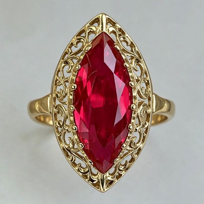 Marquise‑Cut Red Stone Vintage Filigree Gold‑Tone Ring