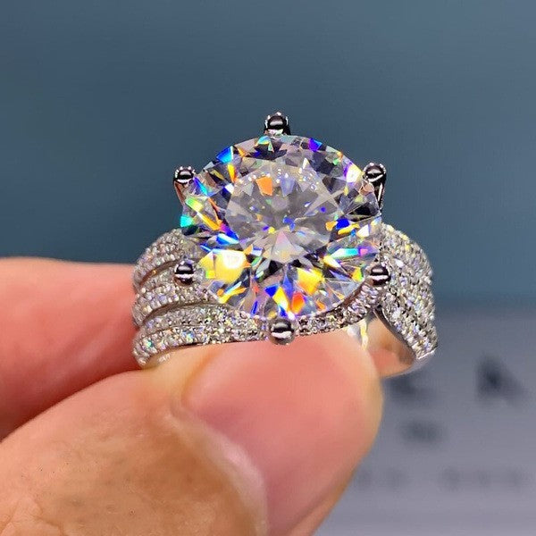 Six-Prong Center Stone Triple Row Pave Ring (Light Luxury Proposal & Engagement Band)