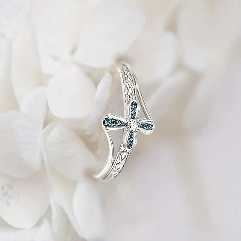 Blue‑White Diamond Cross Engraved Women's Ring