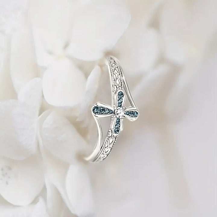 Blue‑White Diamond Cross Engraved Women's Ring