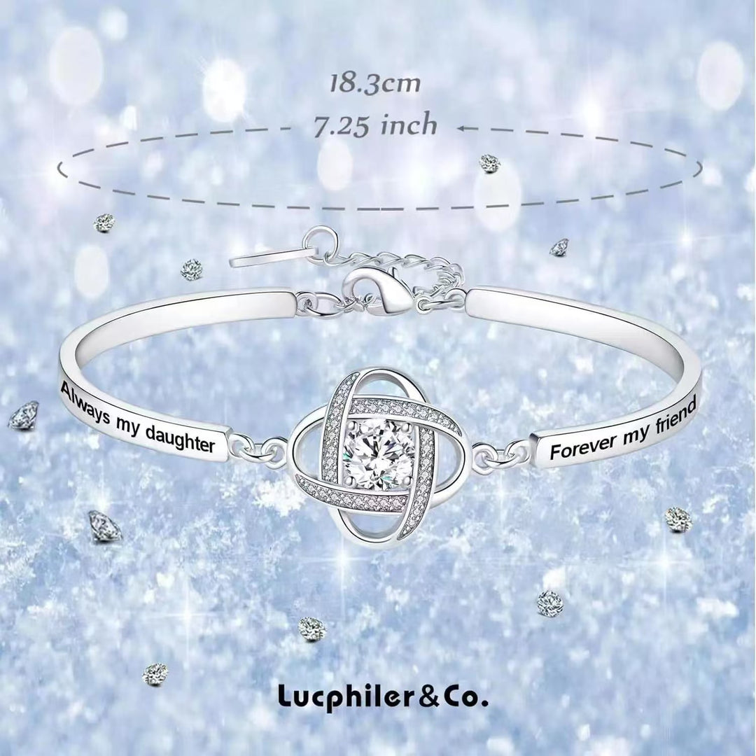 Engraved Celtic Knot Diamond Bangle, Sentimental Adjustable Silver Daughter Gift Bracelet
