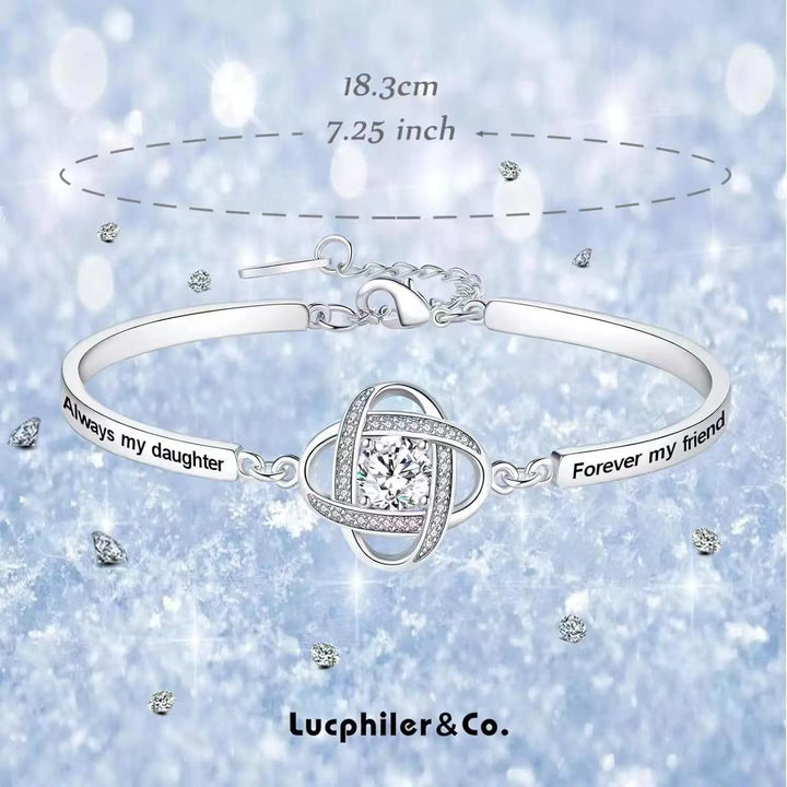 Engraved Celtic Knot Diamond Bangle, Sentimental Adjustable Silver Daughter Gift Bracelet