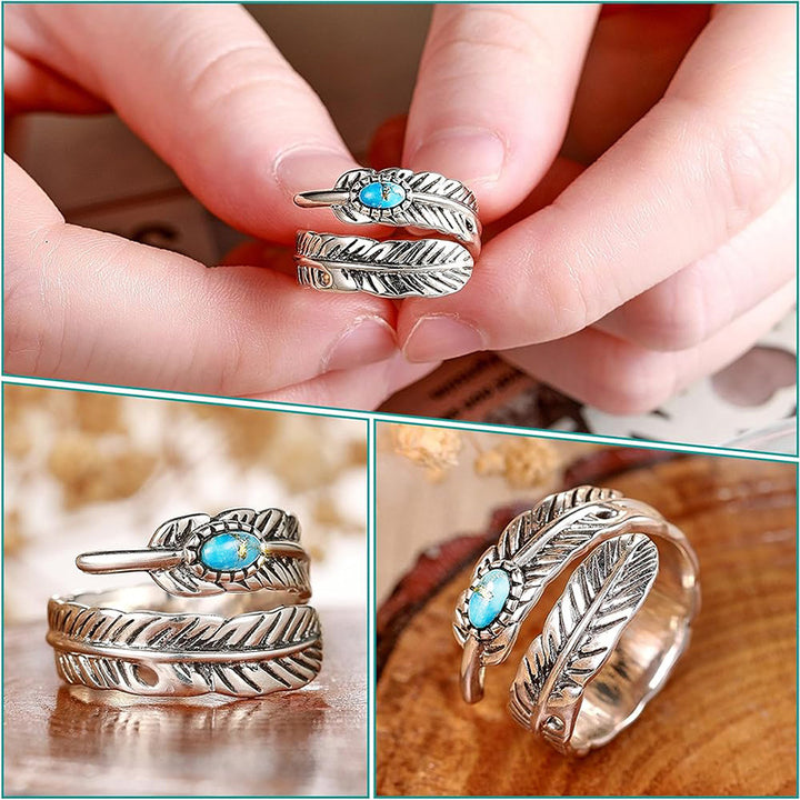 Vintage Feather Turquoise Open Adjustable Ring, Ethnic Antique Silver Unisex Wrap Statement Ring