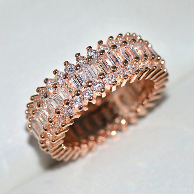 Baguette & Round Stone Full Paved Wide Band Ring, Hip Hop Iced Out Eternity Ring, 3 Colors Available