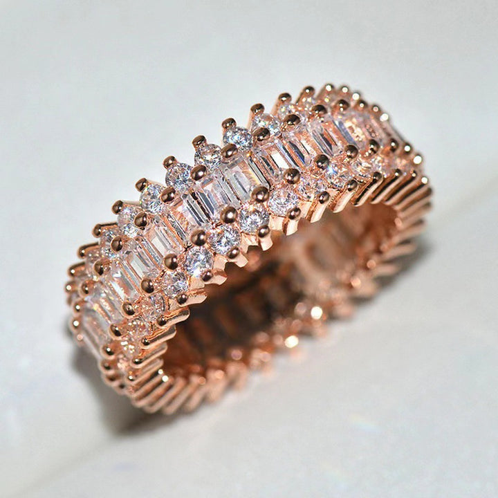 Baguette & Round Stone Full Paved Wide Band Ring, Hip Hop Iced Out Eternity Ring, 3 Colors Available