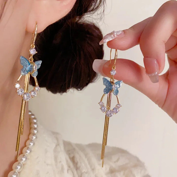 Colorful Butterfly Long Tassel Hook Earrings, Gradient Butterfly Diamond Dangle Earrings, Two Colors Available