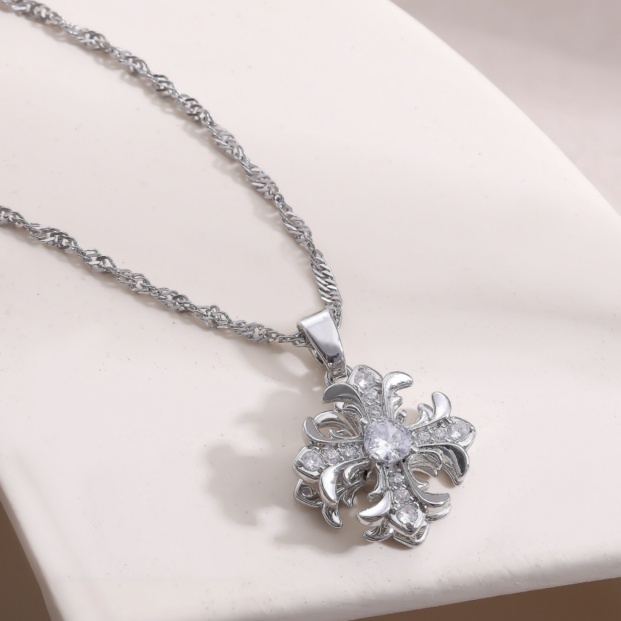 Vintage Carved Cross S925 Silver Necklace, Palace Style 3D Diamond Inlaid Pendant, Gold & Silver Two-Tone Twist Chain Necklace