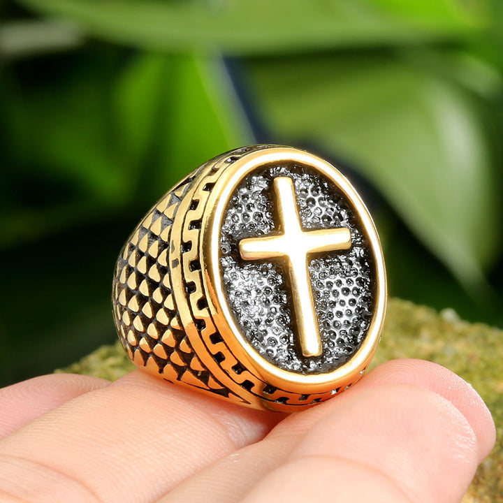 Vintage Embossed Cross Signet Ring, S925 Silver 14K Gold Plated Ethnic Pattern Faith Band For Men