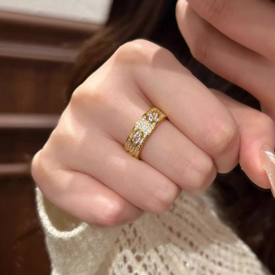 Vintage Paved Diamond Spliced Open Wide Ring, Gold & Silver Luxury Carved Adjustable Band for Women