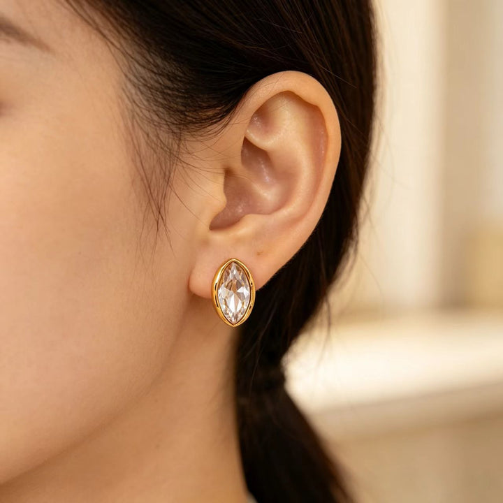 Irregular Bezel Set Marquise Diamond Stud Earrings, Minimalist Luxury Oval Cut Diamond Earrings, Gold & Silver Two Tones Available
