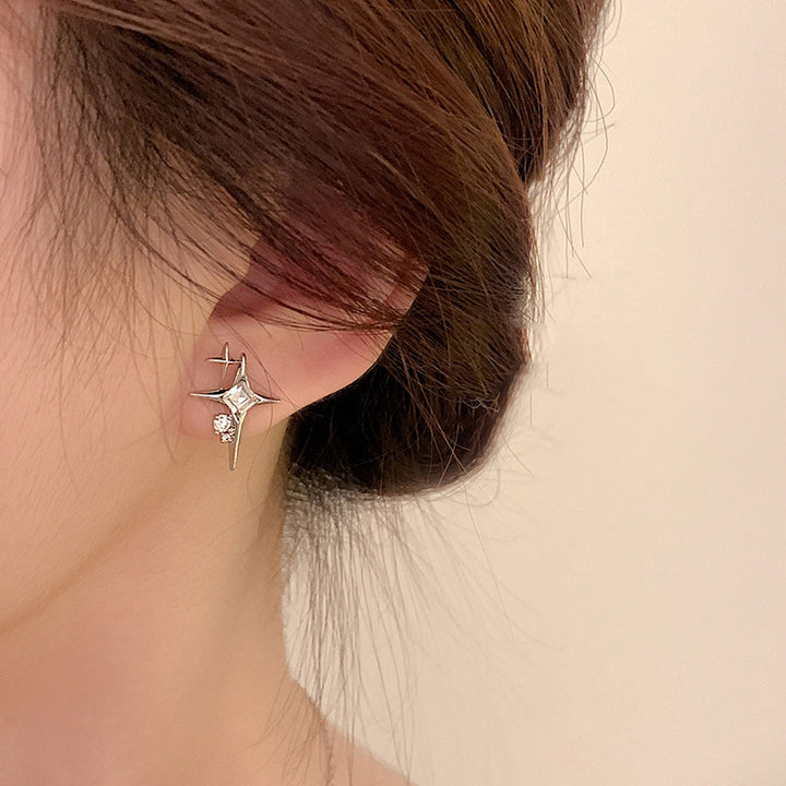 Double Star Burst Diamond Stud Earrings, Delicate Four-point Star S925 Silver Earrings