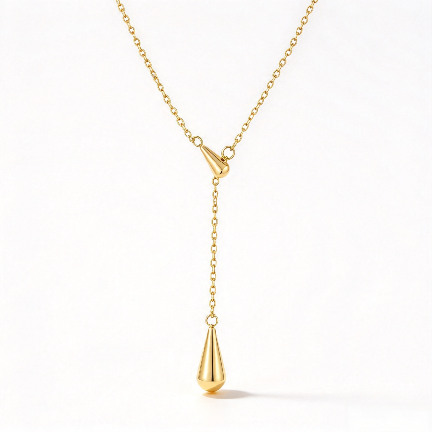 Polished Teardrop Y‑Shape S925 Silver Gold‑Plated Necklace