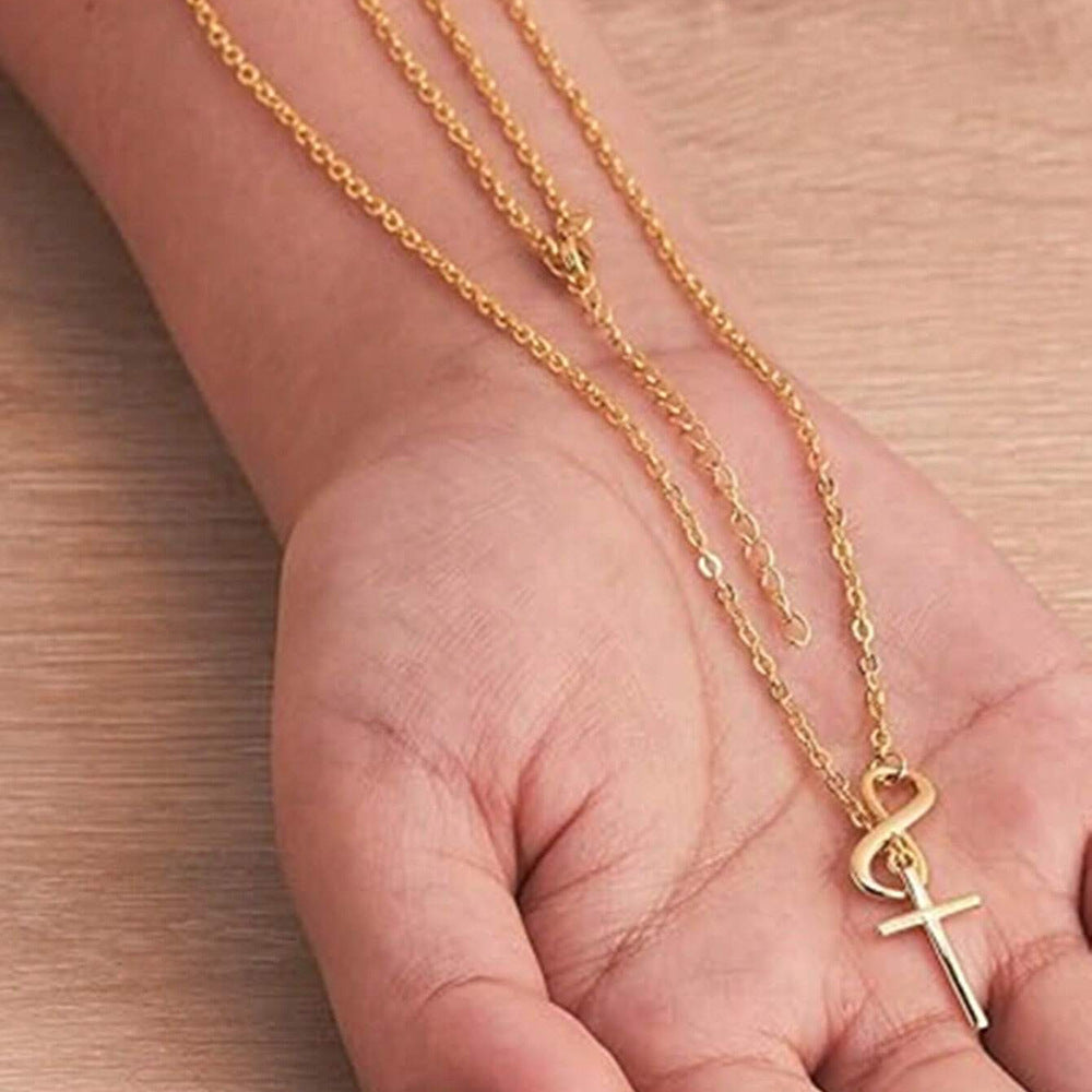 Infinity Symbol Cross Y-Drop Thin Necklace, Gold & Silver Eternal Faith Minimal Clavicle Chain