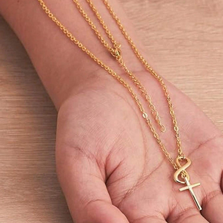 Infinity Symbol Cross Y-Drop Thin Necklace, Gold & Silver Eternal Faith Minimal Clavicle Chain