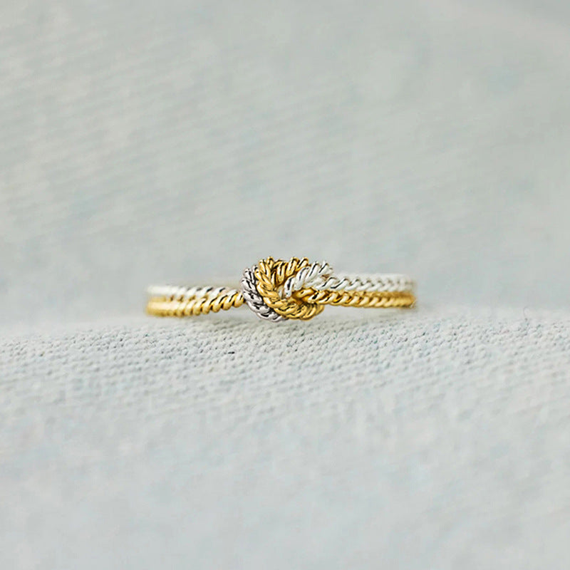 Two‑Tone Gold & Silver Twisted Cord Love Knot S925 Silver Ring, Intertwined Knot Thin Band Ring