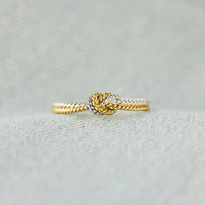 Two‑Tone Gold & Silver Twisted Cord Love Knot S925 Silver Ring, Intertwined Knot Thin Band Ring