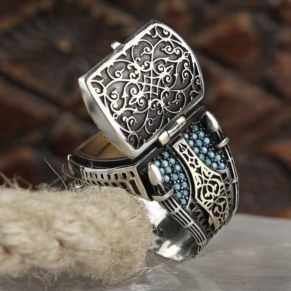 Vintage‑Engraved Hollow Turquoise Wide‑Band Men’s Ring