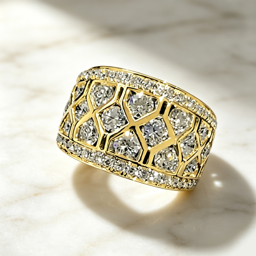 S925 Silver Grid Hollow Full‑Paved Wide Ring, Hip‑Hop Multi‑Stone Paved Men Band