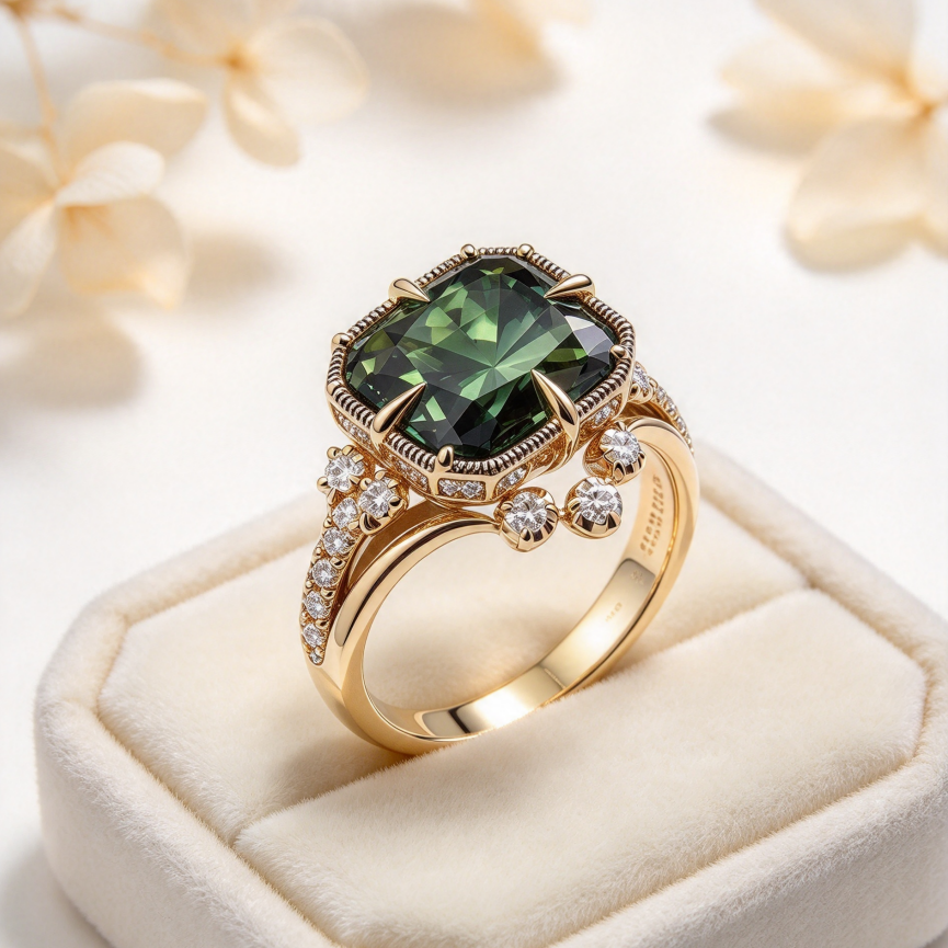 Square Green Center Stone Vintage Paved Diamond S925 Silver Gold‑Tone Ring
