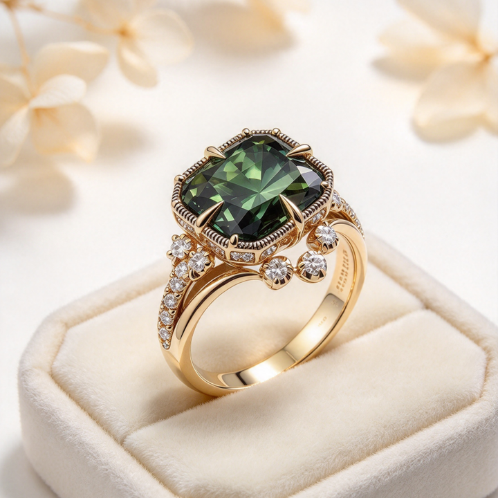 Square Green Center Stone Vintage Paved Diamond S925 Silver Gold‑Tone Ring