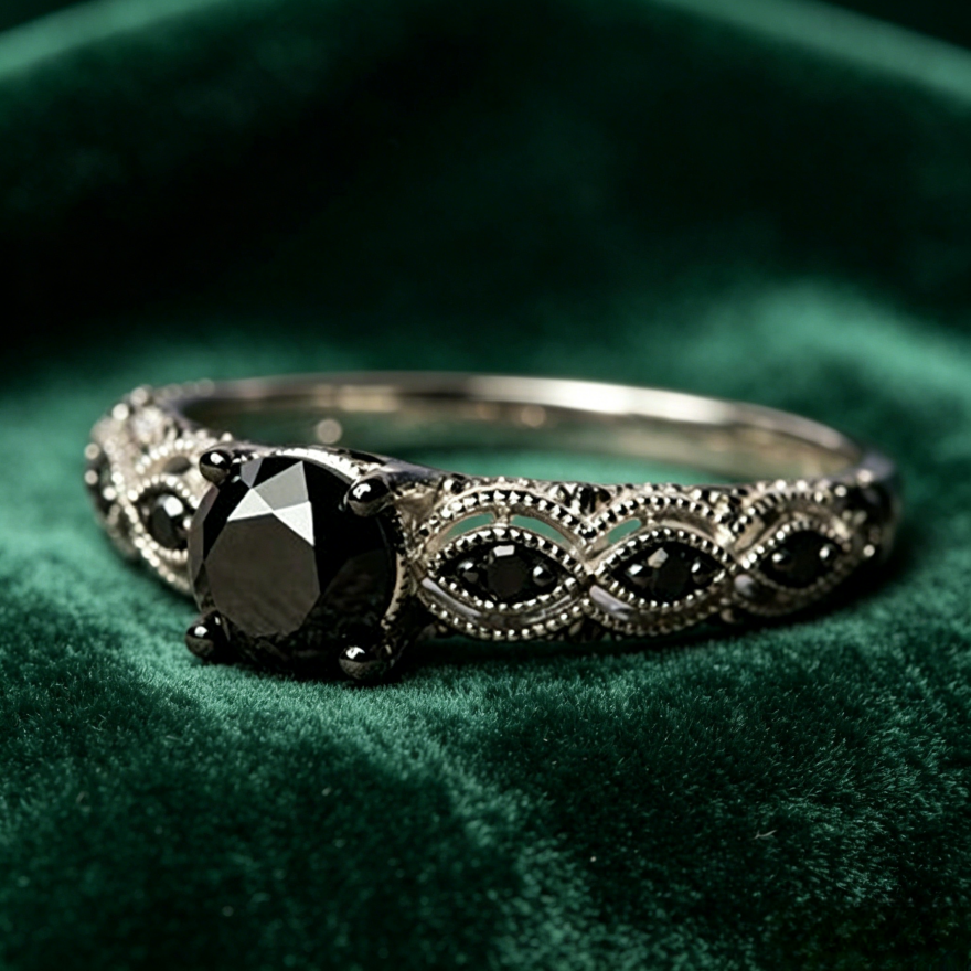 Vintage Filigree Black Diamond 4-Prong Ring, Dark Gothic Antique Silver Band