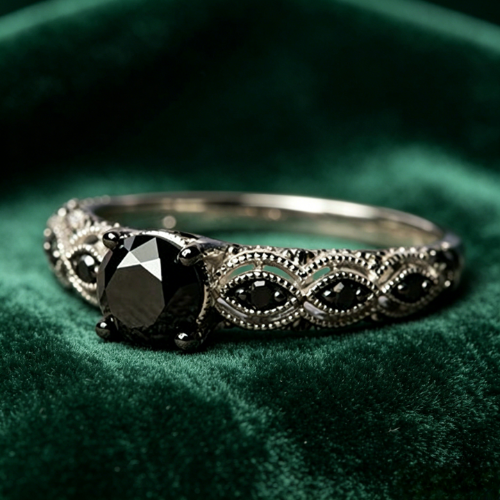 Vintage Filigree Black Diamond 4-Prong Ring, Dark Gothic Antique Silver Band