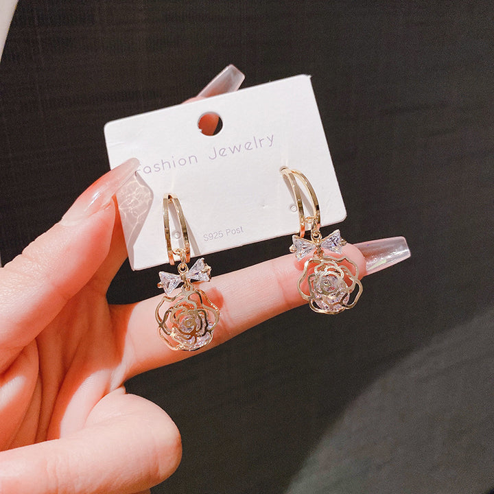 Bow‑Knot Hollow Rose Drop S925 Silver Earrings