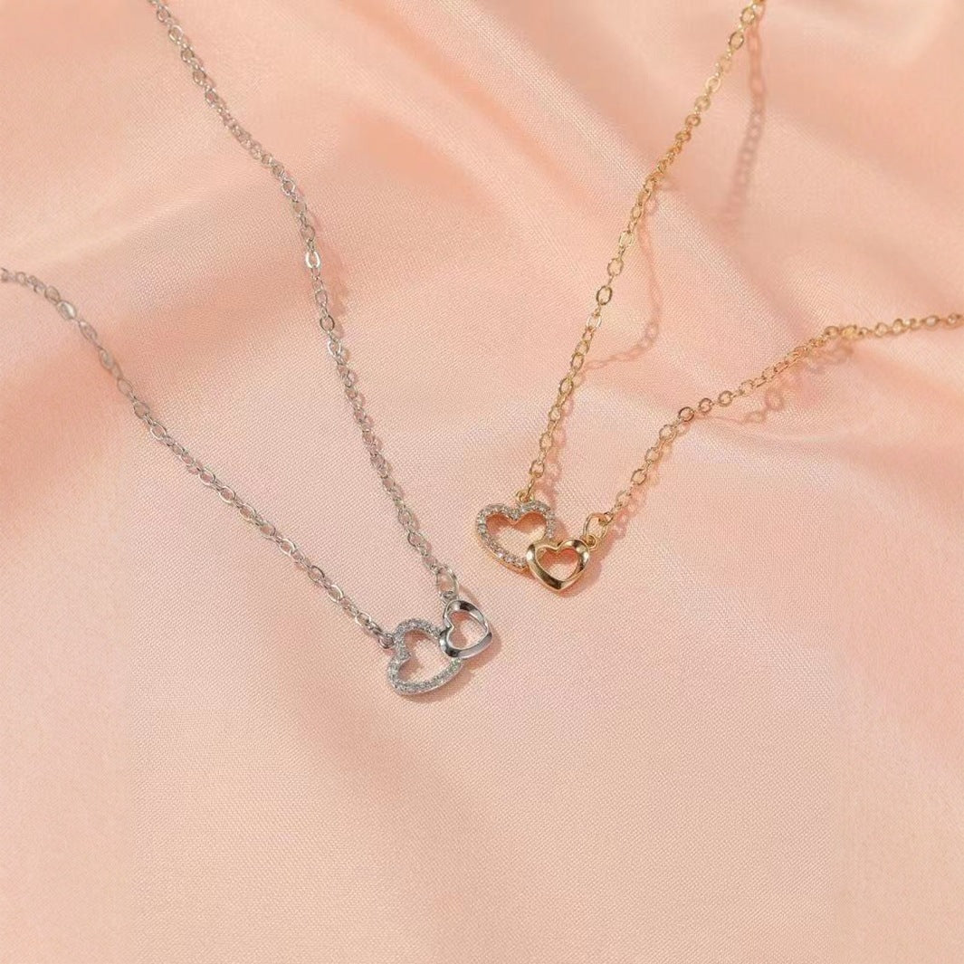 Interlocking Double Heart Paved Diamond Necklace, Minimalist Luxury Dainty Pendant Necklace for Women