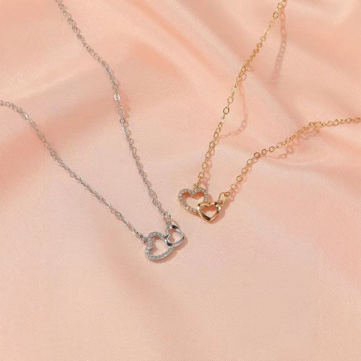 Interlocking Double Heart Paved Diamond Necklace, Minimalist Luxury Dainty Pendant Necklace for Women