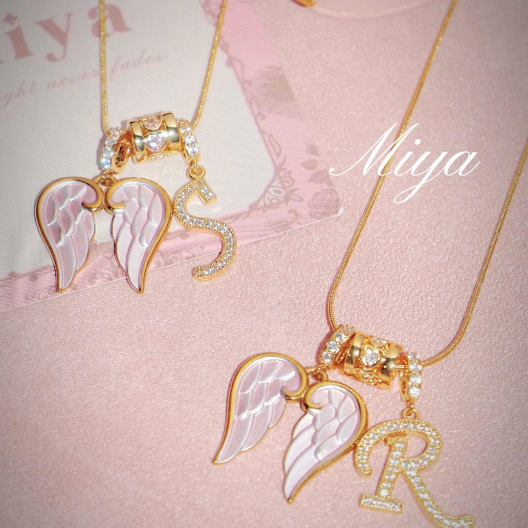 Pink Enamel Angel Wing Initial Necklace, Custom 26 Letters Gold Plated Diamond Pendant