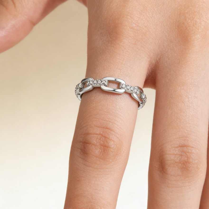 Pig Nose Chain diamond Open Ring (Silver Tone Delicate Everyday Band)
