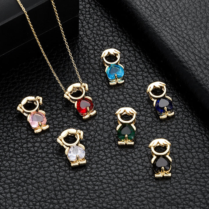 Multi-Color Heart Diamond Little Boy Pendant Necklace Set, Solid S925 Silver Birthstone Parent & Couple Choker Jewelry