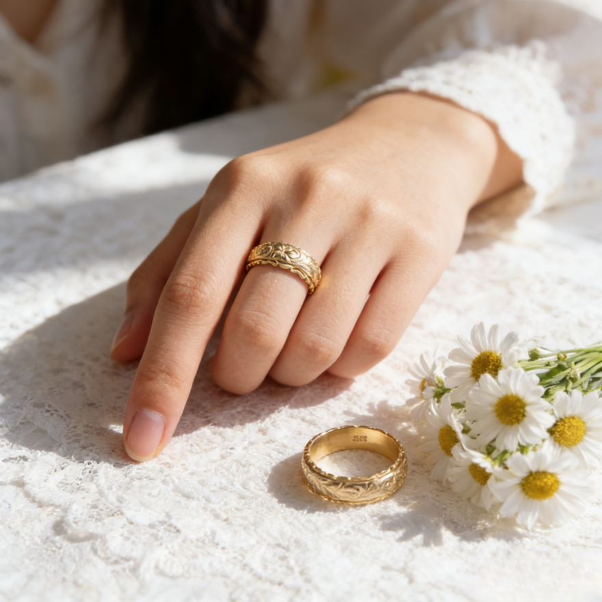 Hawaiian Engraved Floral Gold Band Ring (Vintage Court Style Wide Ring)