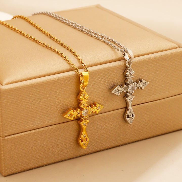 Vintage Engraved Cross Diamond Necklace, S925 Sterling Silver European Pattern Cross Pendant, Gold & Silver Two-Tone Niche Clavicle Chain