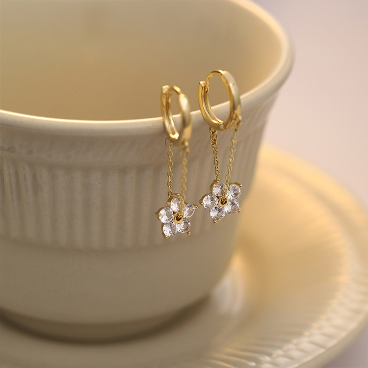 Diamond Flower Drop Huggie Hoop Earrings (2 Colors Delicate Dangle Earrings)