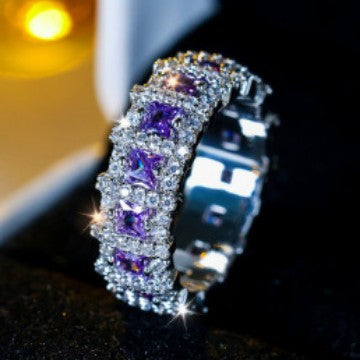 Square Gemstone Double Row Full Paved Eternity Band Ring, Emerald & Amethyst Luxury Women Formal Closed Statement Ring