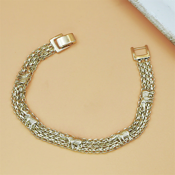 Multi-Layer Thick Chain Elephant Embossed Gold Plated Wide Bracelet, Vintage Chunky Metal Women’s Jewelry