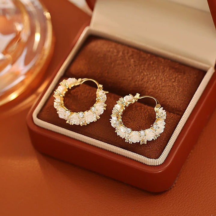 White Rose Wreath Hoop Earrings, Gentle 3D Rose Diamond Circle Earrings, Gold Luxury Earrings
