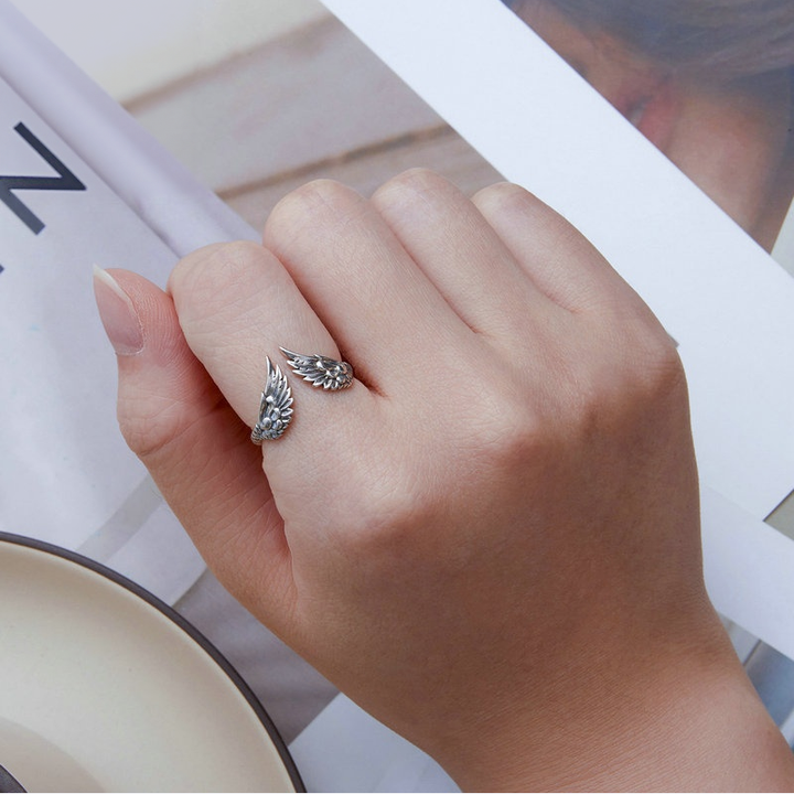 S925 Silver Vintage Dual Angel Wing Open Ring, Antique‑Finish Adjustable Feather Band