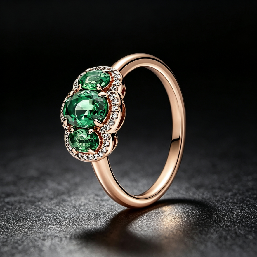 Three‑Stone Oval Halo Ladies Ring, Two‑Color Options